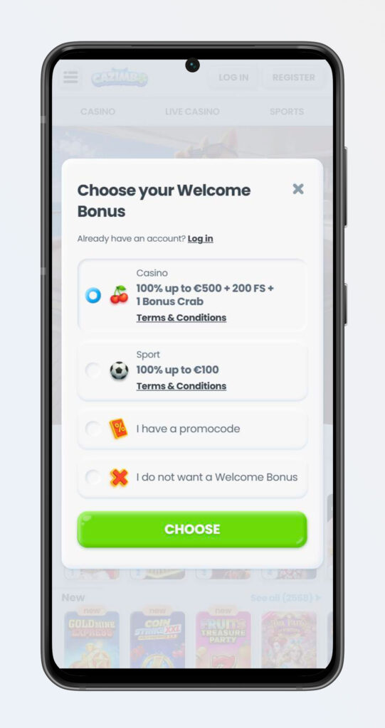 choose welcome bonus at app cazimbo casino